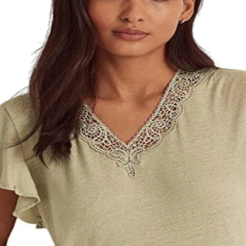 Lauren Ralph Lauren Linen-Blend Jersey Flutter-Sleeve Shirt, Sage, M $89